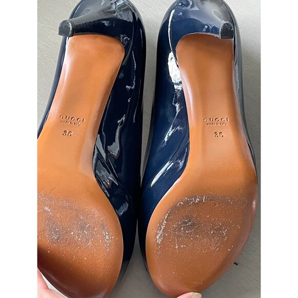 GUCCI Navy Patent Leather Peep-Toe Platform Heels Size 36 Made in Italy - Picture 10 of 11